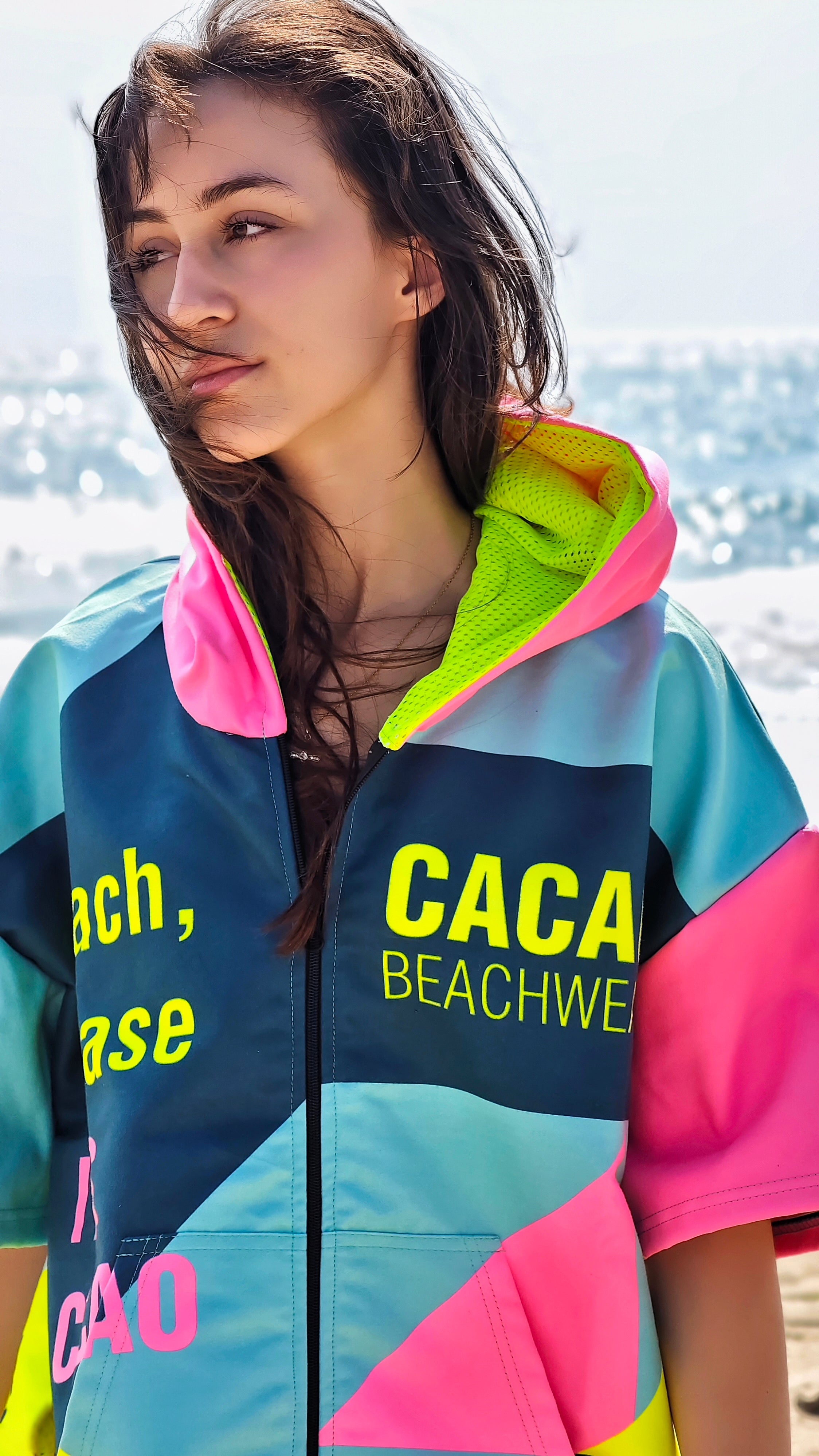 Colorful Solar Vibes women’s beach poncho NanoDry Ultra™ towel with hood, zipper and pockets – CACAO Beachwear™