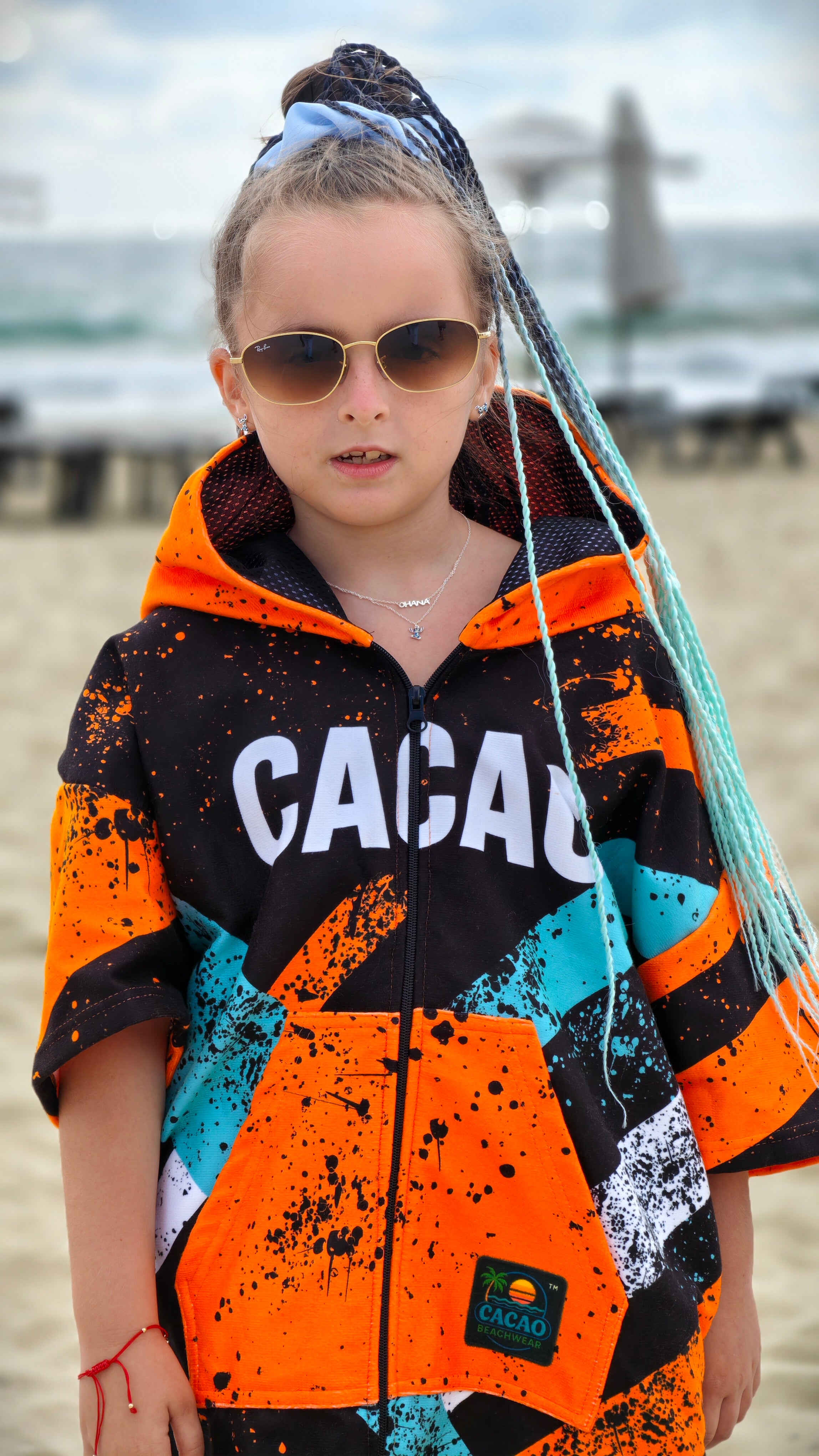 Blue Spirit children’s beach poncho towel with hood, zipper and pockets – CACAO Beachwear™
