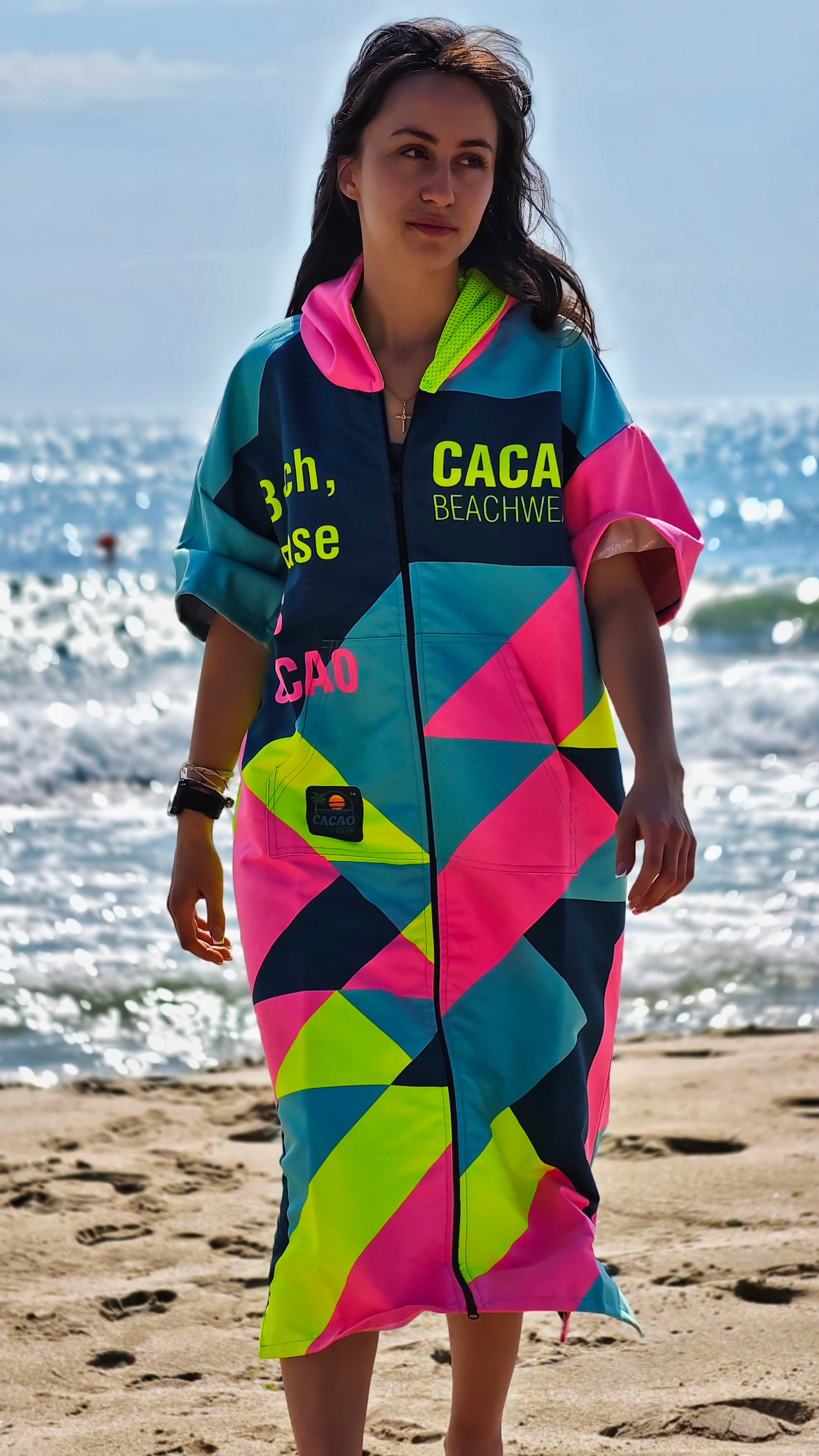 Colorful Solar Vibes women’s beach poncho NanoDry Ultra™ towel with hood, zipper and pockets – CACAO Beachwear™