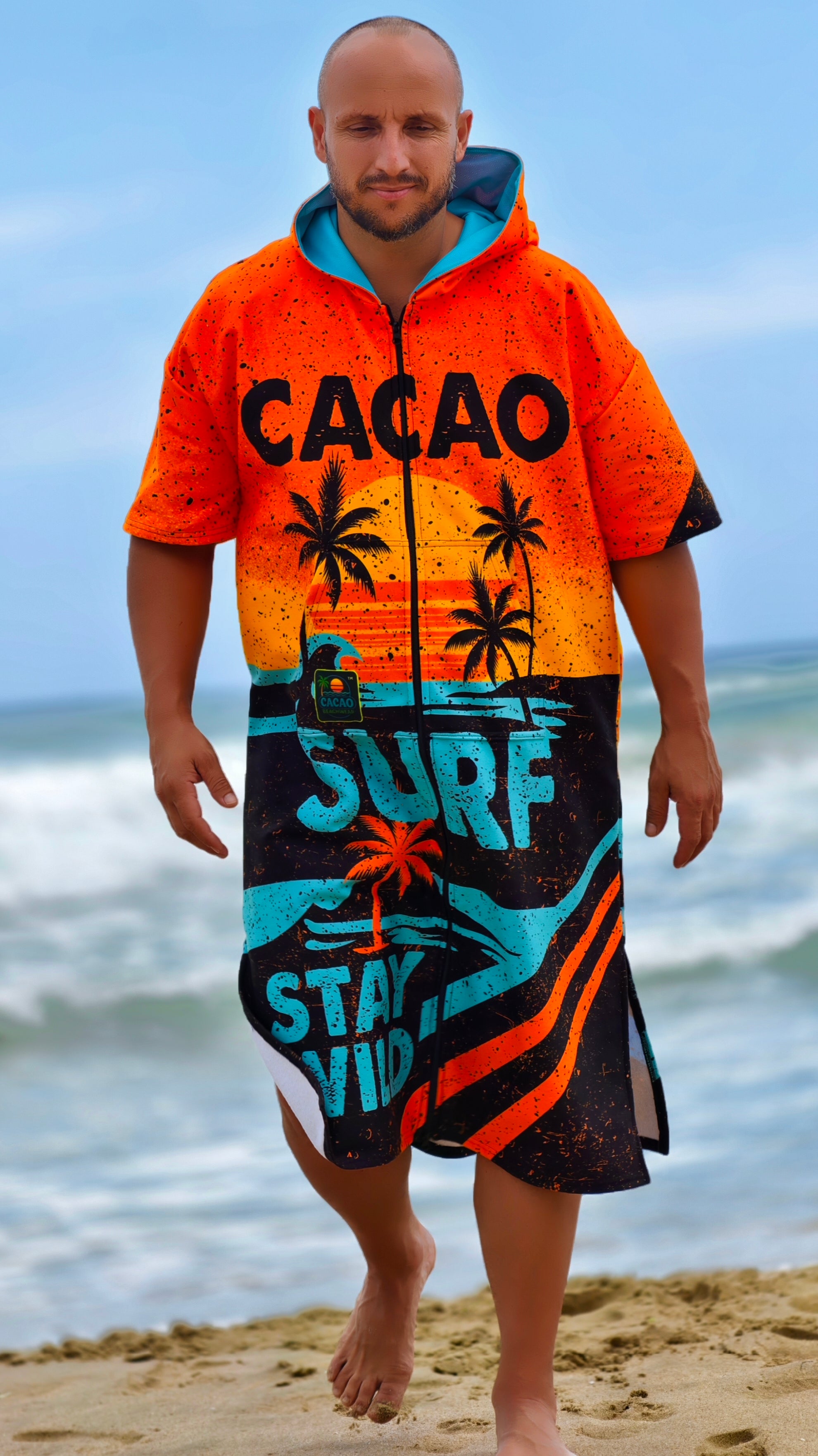Orange men’s beach poncho towel with hood, zipper and pockets – CACAO Beachwear™