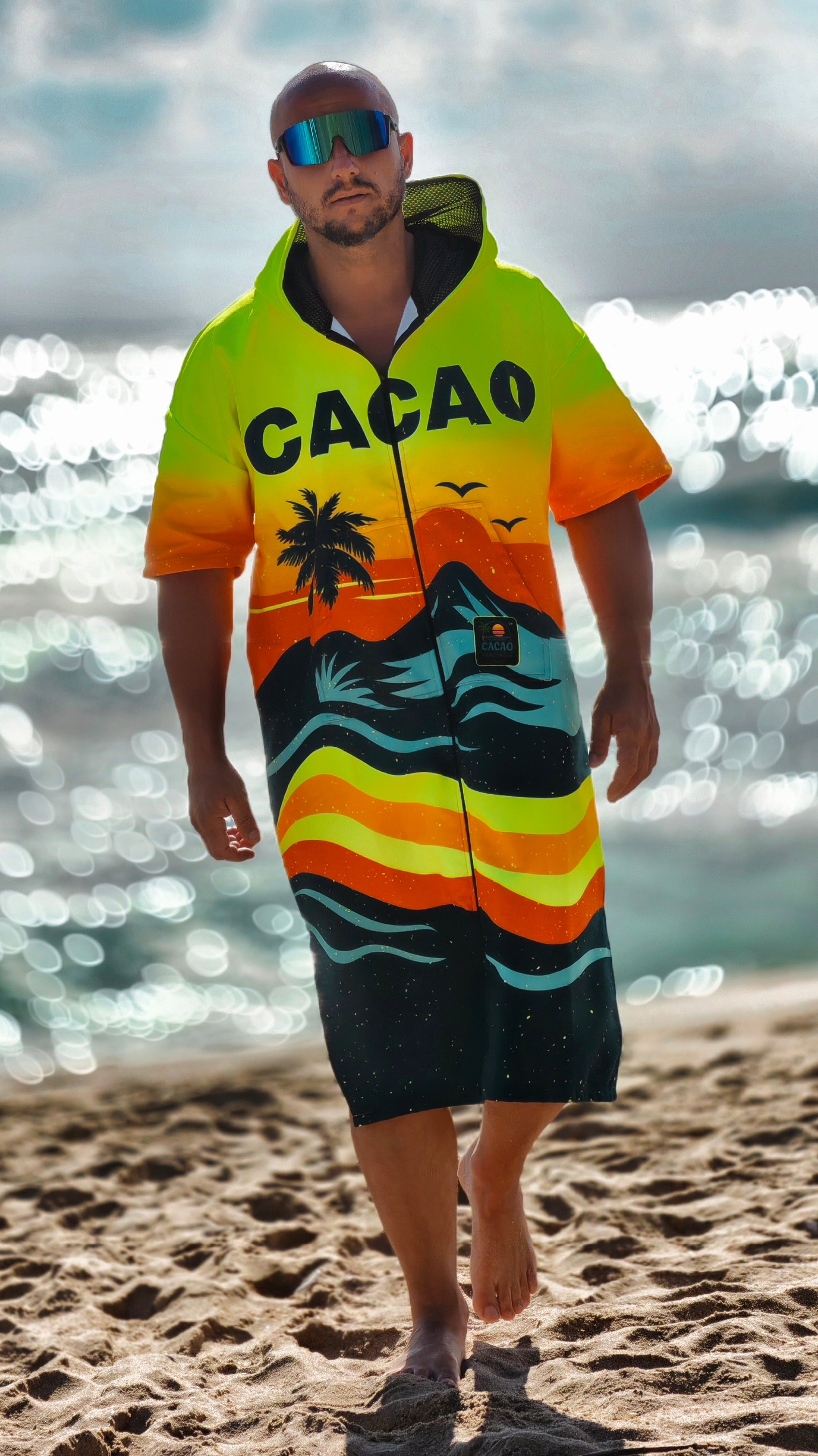 Sunset men’s beach poncho towel with hood, zipper and pockets – CACAO Beachwear™