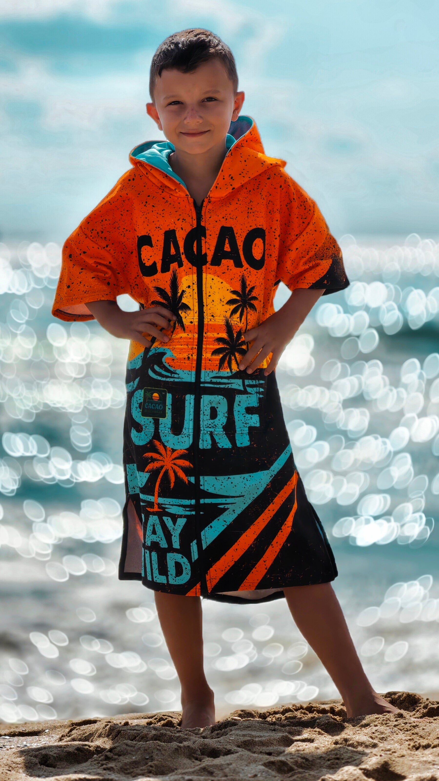 Orange children’s beach poncho towel with hood, zipper and pockets – CACAO Beachwear™