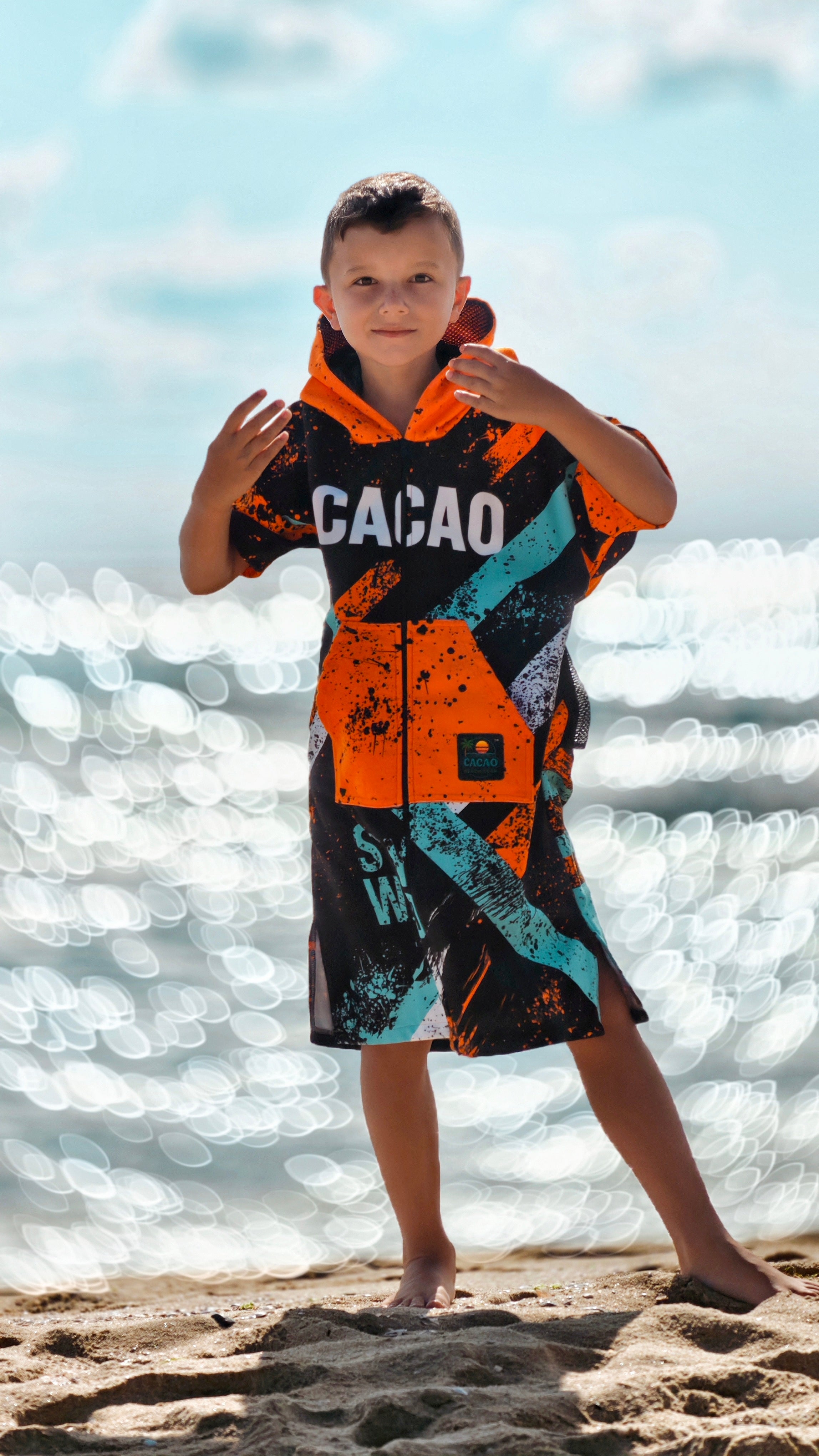 Blue Spirit children’s beach poncho towel with hood, zipper and pockets – CACAO Beachwear™