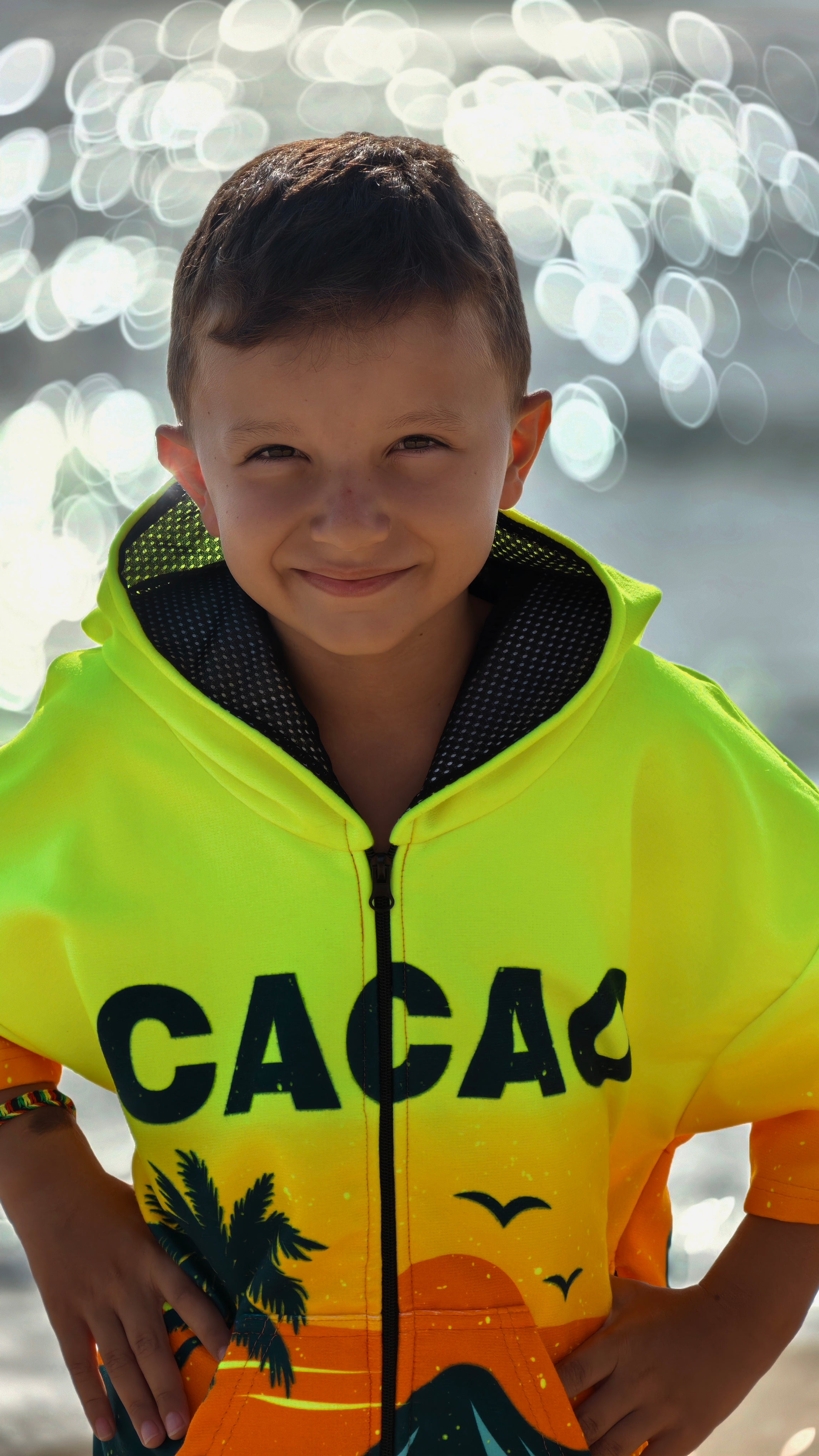 Sunset children’s beach poncho towel with hood, zipper and pockets – CACAO Beachwear™