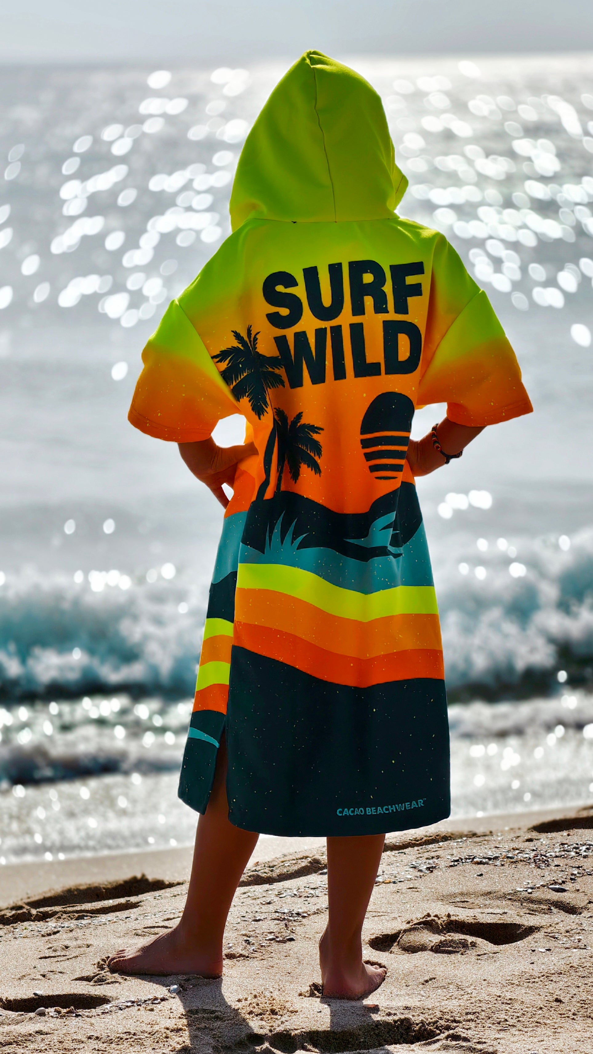 Sunset children’s beach poncho towel with hood, zipper and pockets – CACAO Beachwear™