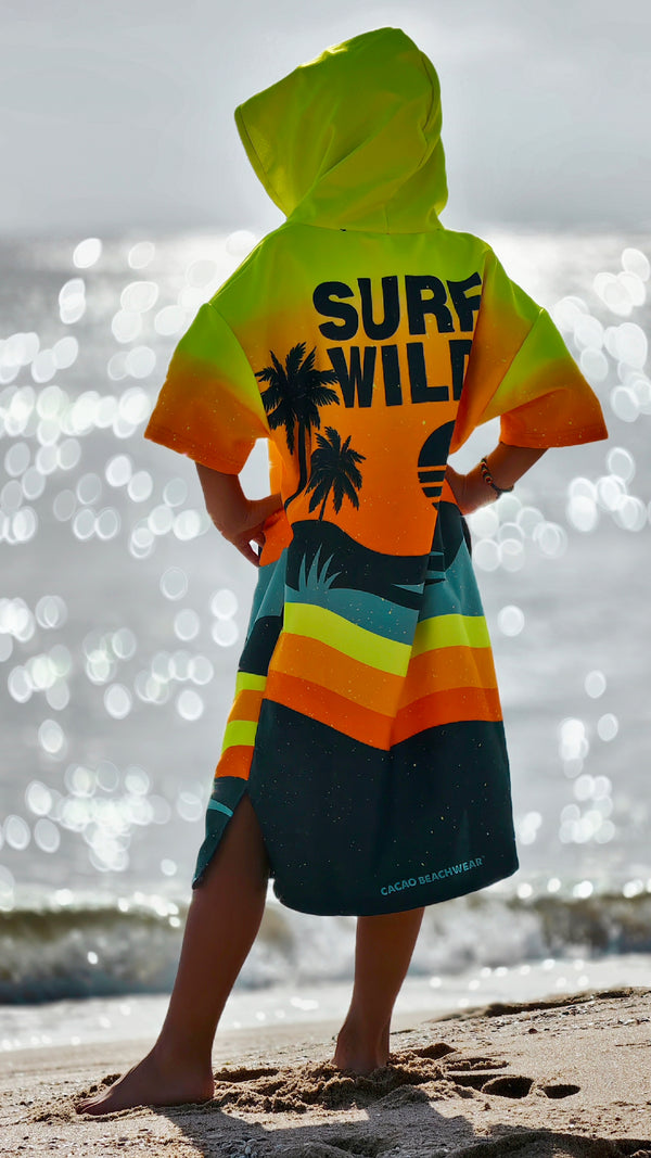 Poncho de playa Sunset para niños con capucha, cremallera y bolsillos – CACAO Beachwear™
