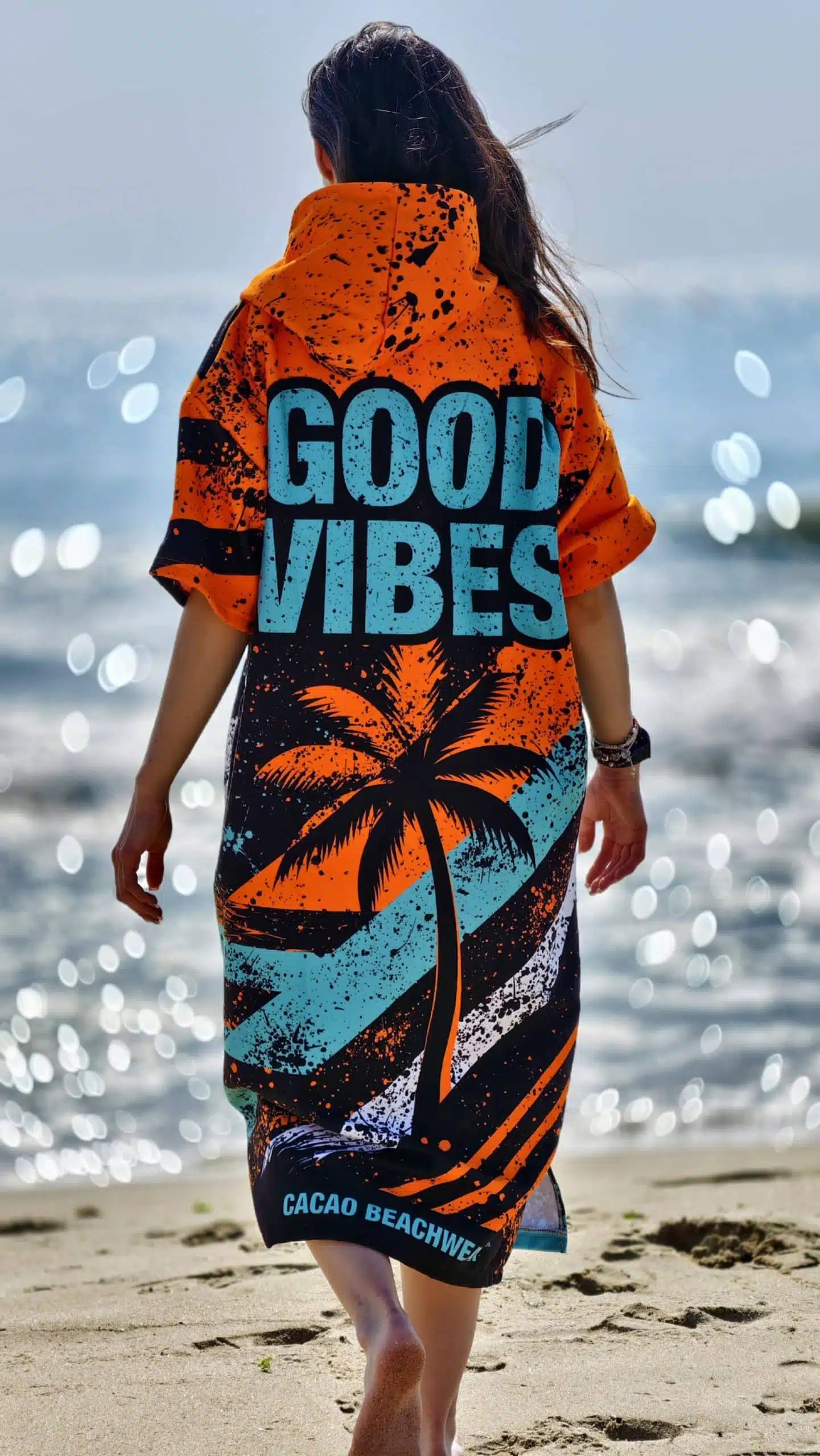 Blue Spirit women’s beach poncho towel with hood, zipper and pockets – CACAO Beachwear™