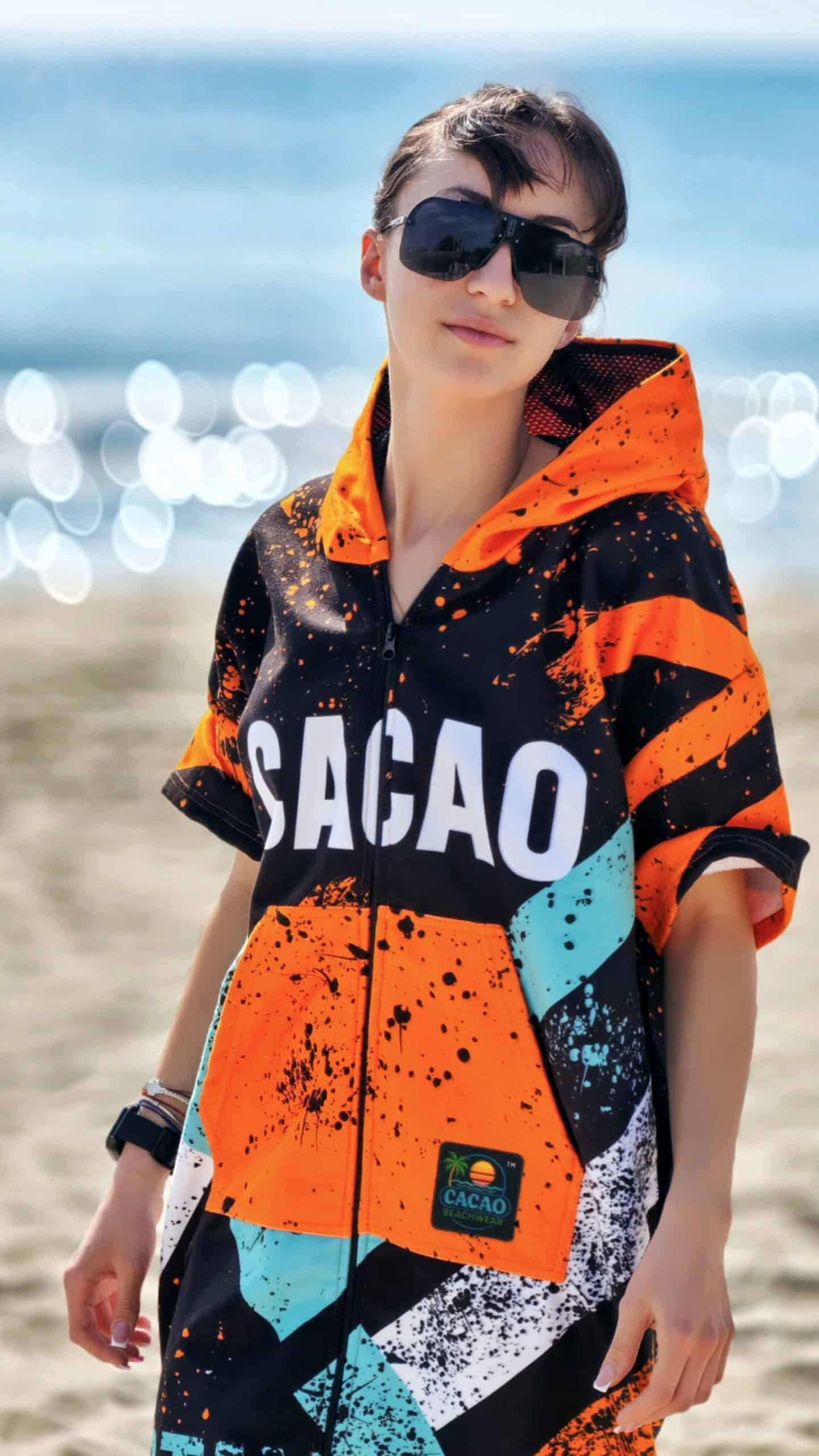 Blue Spirit women’s beach poncho towel with hood, zipper and pockets – CACAO Beachwear™