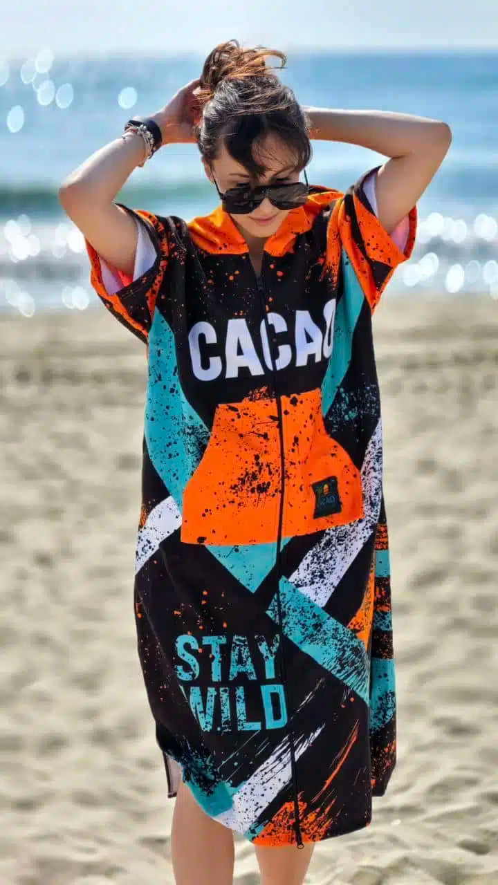 Blue Spirit women’s beach poncho towel with hood, zipper and pockets – CACAO Beachwear™